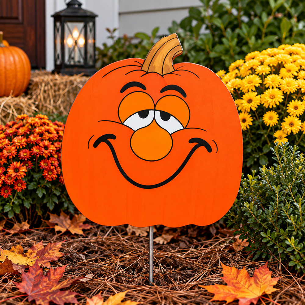 Hand Painted Wooden Pumpkin Yard Stake Halloween Fall Outdoor Decor Handmade